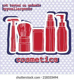 set of cosmetics. sticker on a light background with hearts