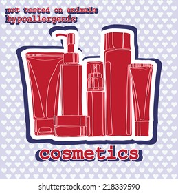 set of cosmetics. sticker on a light background with hearts