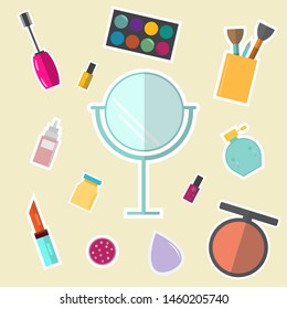 Set of cosmetics stickers.Make up item.Vector illustration.