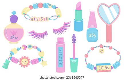 Set of cosmetics in trendy color. Collection with perfumes, mascara, lipstick, polish, mirror, eyelashes and beads bracelet. Flat hand drawn vector illustration.