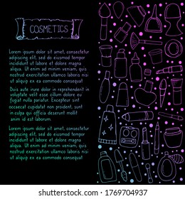 Set with cosmetics. Vector isolated illustration with a set of cosmetics. Doodle style. Lip gloss, nail Polish on a black background. Eye shadow, mascara, lipstick, cream, lotion, eyeliner. 