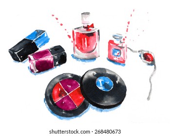 The set of cosmetics. Watercolor vector illustration