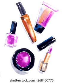 The set of cosmetics. Watercolor vector illustration