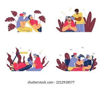 Set of cosmetologists make injections, face cleaning and massage - flat vector illustration isolated on white. Men and women getting spa procedures and mesotherapy. Skin care concept.