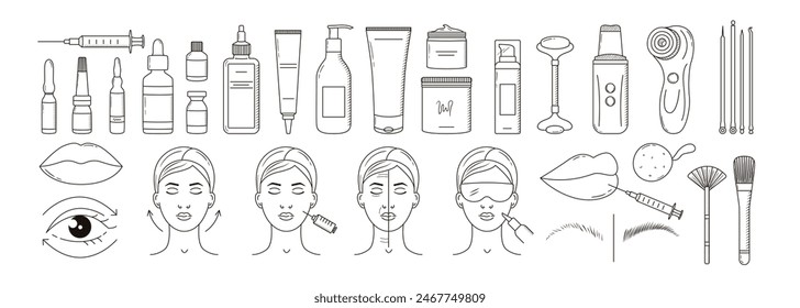 Set von Kosmetik-Geräte und Verfahren Symbole. Anti-Aging, Heben, Lippenvergrößerung, Laserbehandlung, Injektion. Schönheitsklinikprodukte. Vektorillustrationen umreißen.