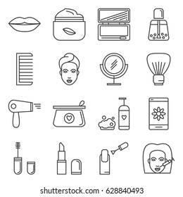 Set of cosmetology Related Vector Line Icons. Includes such Icons as lipstick, makeup, mascara, eyelashes, Botox, cream, mirror, manicure, hair dryer, beauty, woman