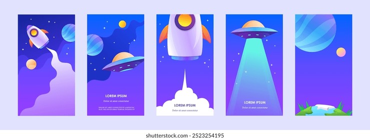 Set of cosmic abstract banners. Templates for stories. Vector illustration. Isolated flyers