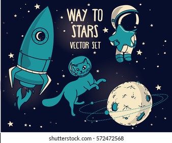 set for cosmic design in blue color: planet, cat in spacesuit, little cute astronaut and rocket, vector illustration