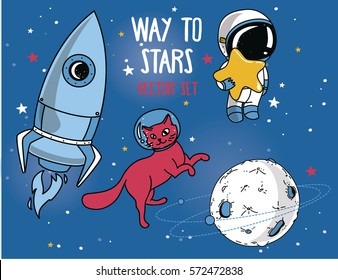 set for cosmic design in bright colors: planet, cat in spacesuit, little cute astronaut and rocket, vector illustration