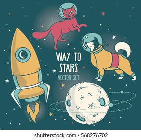 set for cosmic design: planet, dog and cat in spacesuit and rocket, vector illustration