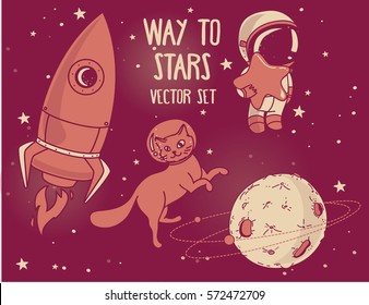 set for cosmic design in purple color: planet, cat in spacesuit, little cute astronaut and rocket, vector illustration