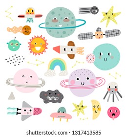 ?ute set of cosmic elements. Kawaii moon, sun and planets vector illustration for kids. Isolated design elements for children.