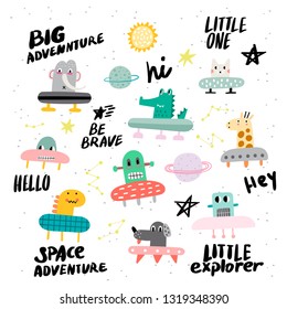 ?ute set of cosmic elements. Kawaii moon, sun and planets vector illustration for kids. Isolated design elements for children. Cute lettering. Young space travelers. - Vector.