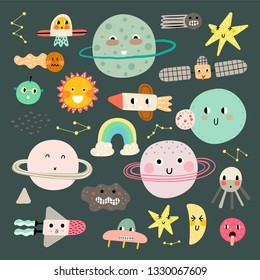 ?ute set of cosmic elements. Kawaii moon, sun and planets vector illustration for kids. Isolated design elements for children.