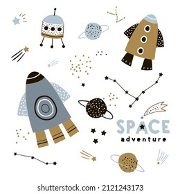 A set of cosmic graphic elements, rocket, planet, stars, ufo. Space cartoon icons isolated on white. Vector illustration