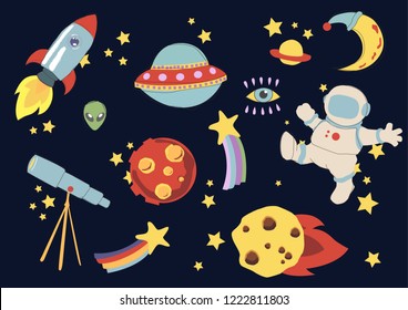 Set of cosmic kids illustration. Planet, rocket, astronaut. Childish background