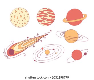 a set of cosmic planets, a meteorite and a galaxy. Space illustration