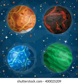 Set of cosmic planets in outer space. Vector cartoon style illustration.