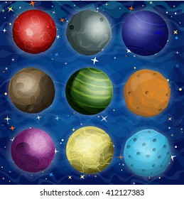 Set of cosmic planets in outer space. Vector cartoon style illustration.