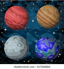 Set of cosmic planets in outer space. Vector cartoon style illustration.