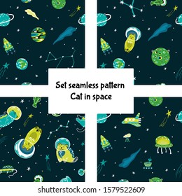 Set cosmic seamless colorful pattern on dark. Cute cartoon cat-astronauts floating in space with  with planets, stars, rockets, constellations, ufo. Vector illustration.