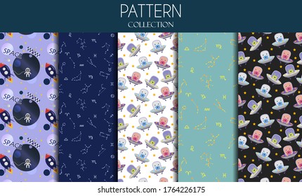 A set of cosmic seamless patterns. The patterns with the constellations and signs of the horoscope, baby aliens and rockets. Cartoon vector illustrations. Images for world UFO day. Astronomical