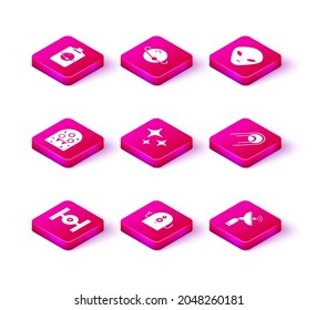 Set Cosmic ship, Alien, Falling star, Radar, Satellite,  and Planet icon. Vector