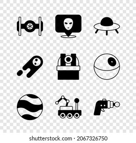 Set Cosmic Schiff, Alien, UFO fliegenden Raumschiff, Planet, Mars Rover, Ray Pistole, Comet fällt schnell und Astronomische Sternwarte Symbol. Vektorgrafik