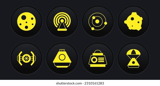 Set Cosmic ship, Asteroid, Space capsule, Solar system, Radar,  and Planet Mars icon. Vector