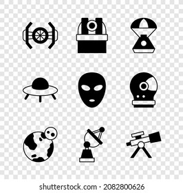 Set Cosmic ship, Astronomical observatory, Space capsule, Earth globe, Satellite dish, Telescope, UFO flying spaceship and Alien icon. Vector