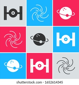 Set Cosmic ship, Black hole and Planet icon. Vector