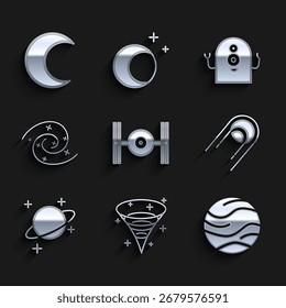 Set Cosmic ship, Black hole, Planet, Satellite, Alien and Moon and stars icon. Vector