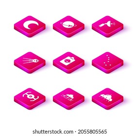 Set Cosmic ship, Mars rover, Satellite, Planet, UFO flying spaceship, Great Bear constellation, Radar and  icon. Vector