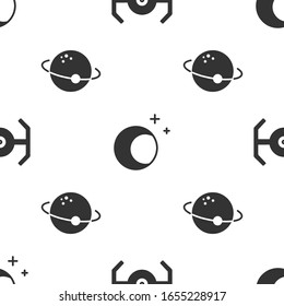 Set Cosmic ship, Moon and stars and Planet on seamless pattern. Vector