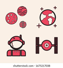 Set Cosmic ship, Planet, Earth globe and Astronaut icon. Vector