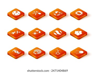 Set Kosmisches Schiff, Radar, Satellitenschüssel, Box fliegen auf Fallschirm, Große Bären Konstellation, Planet und Asteroid-Symbol. Vektorgrafik