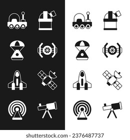 Set Cosmic Schiff, Space Kapsel, Mars Rover, Astronomische Sternwarte, Rakete, Satellite, Teleskop und Radar Symbol. Vektorgrafik