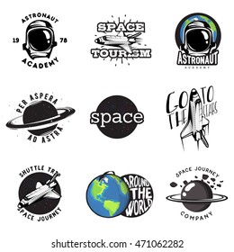 Set of cosmic themed badges, space logos, labels, emblems, design elements: shuttle, astronaut, stars, earth, planets