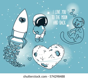 set for cosmic valentines day in blue color: heart-formed planet, cat in space helmet, little cute astronaut and rocket, vector illustration