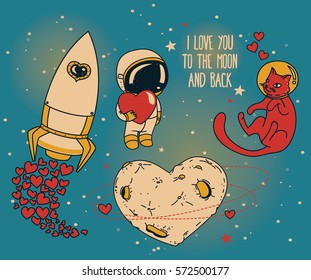 set for cosmic valentines day in retro comics colors: heart-formed planet, cat in space helmet, little cute astronaut and rocket, vector illustration