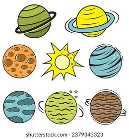 Un conjunto de vectores cósmicos - cometa, planeta, luna, sol, estrella. Ilustración vectorial al estilo de las caricaturas.