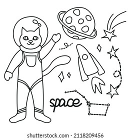 Set of cosmonaut, asteroid, comet and space object vector flat illustration. Cartoon character cat astronaut on planets and stars isolated on background. Space concept coloring book page.