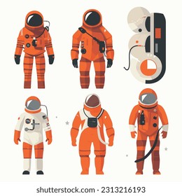 Set of cosmonaut icons in a flat design style, rendered as minimalistic vector graphics on a clean white background. Collection of cosmonauts in various poses and actions, adventurous spirit of space