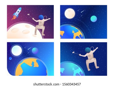 Set of cosmonauts taking pictures. Flat vector illustrations of astronauts making selfies in outer space. Space concept for banner, website design or landing web page