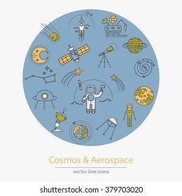 Set of cosmos and aerospace icons made in modern line style vector