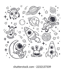 set of cosmos in doodle style: astronaut, planets, stars, rocket and alient,monster for design. Science space exploration.Vector