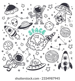 set of cosmos in doodle style: astronaut, planets, stars, rocket and alien, monster, ufo for design. Science space exploration.Vector 