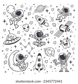 conjunto de cosmos en forma de doodle: astronauta, planetas, estrellas, cohete y extraterrestres, monstruo, ufo para el diseño. Ilustración del vector 