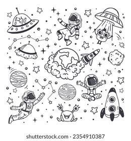 set of cosmos in doodle style: astronaut, planets, stars, rocket and alien, monster for design. Science space exploration. Vector illustration 