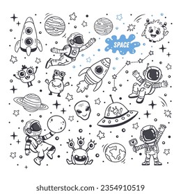 conjunto de cosmos en forma de doodle: astronauta, planetas, estrellas, ufo, cohete y alienígena, monstruo para el diseño. Exploración espacial científica. Ilustración del vector